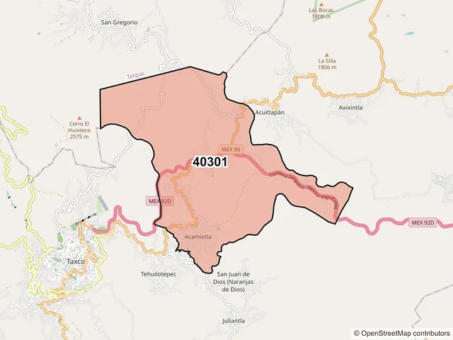 Mapa del código postal 40301, Taxco de Alarcón, Guerrero