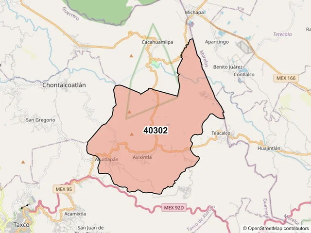 Mapa del código postal 40302, Taxco de Alarcón, Guerrero