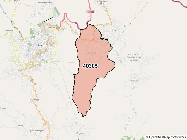 Mapa del código postal 40305, Taxco de Alarcón, Guerrero