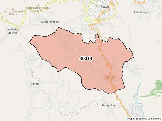 Mapa del código postal 40314, Taxco de Alarcón, Guerrero