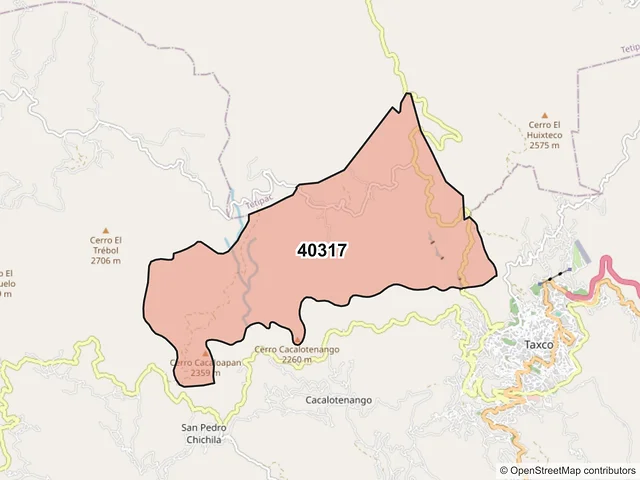 Mapa del código postal 40317, Taxco de Alarcón, Guerrero