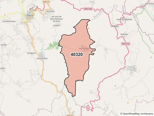 Mapa del código postal 40320, Taxco de Alarcón, Guerrero