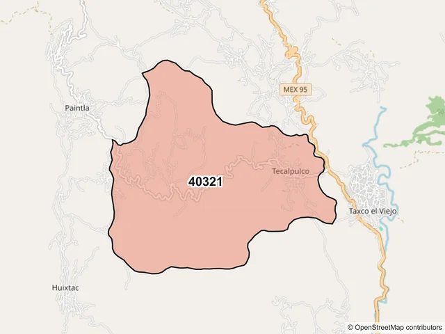 Mapa del código postal 40321, Taxco de Alarcón, Guerrero