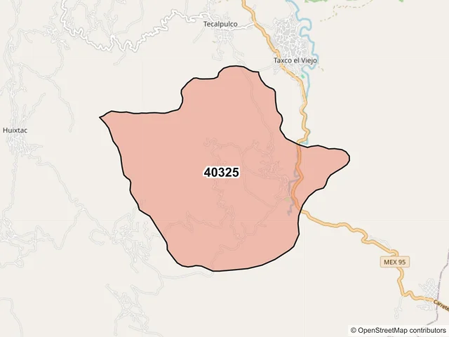 Mapa del código postal 40325, Taxco de Alarcón, Guerrero