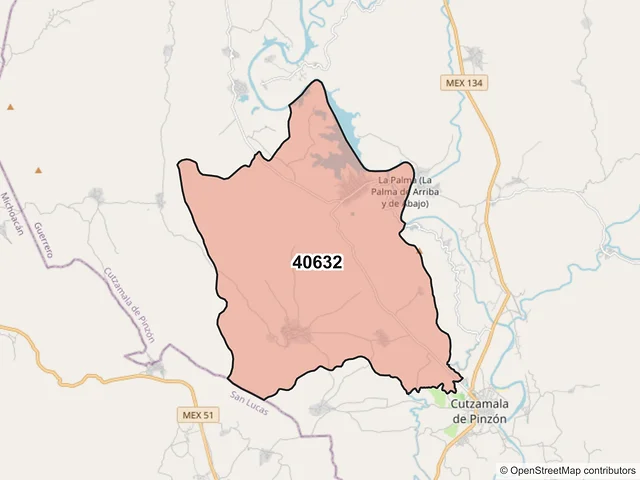 Mapa del código postal 40632, Cutzamala de Pinzón, Guerrero