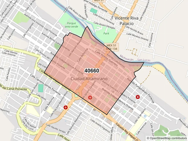 Mapa del código postal 40660, Pungarabato, Guerrero