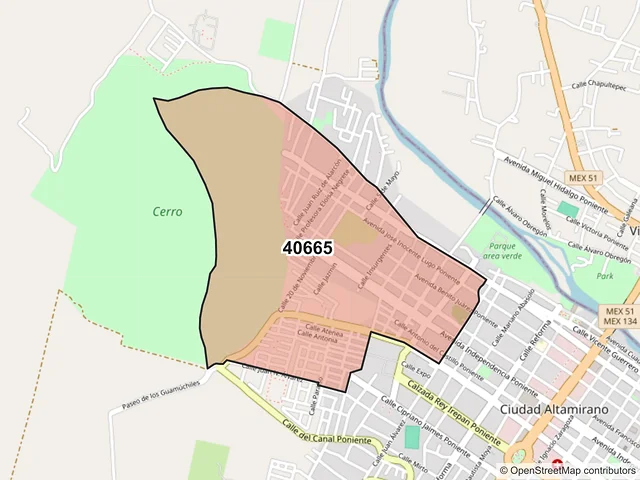 Mapa del código postal 40665, Pungarabato, Guerrero