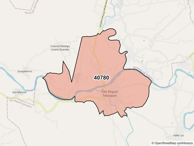 Mapa del código postal 40780, San Miguel Totolapan, Guerrero