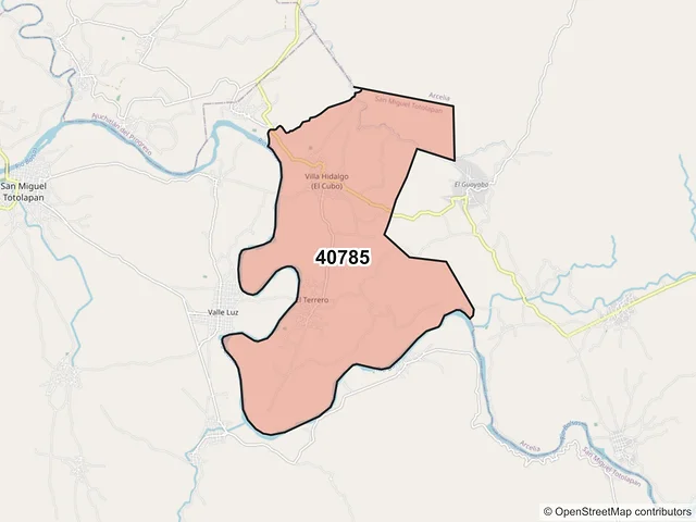 Mapa del código postal 40785, San Miguel Totolapan, Guerrero