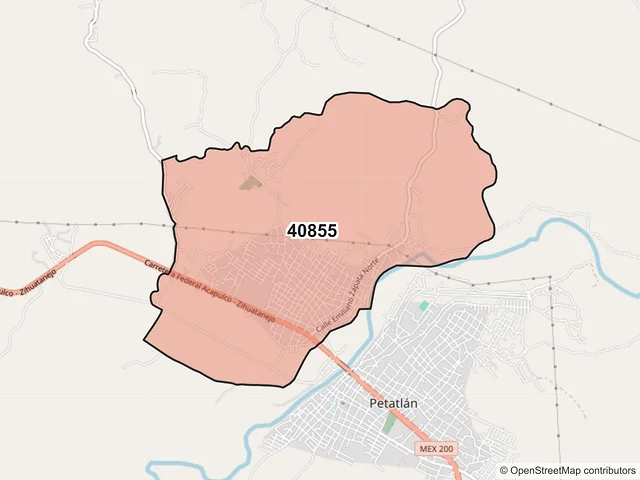 Mapa del código postal 40855, Petatlán, Guerrero