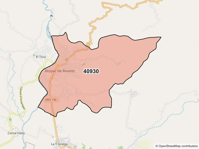Mapa del código postal 40930, Atoyac de Álvarez, Guerrero