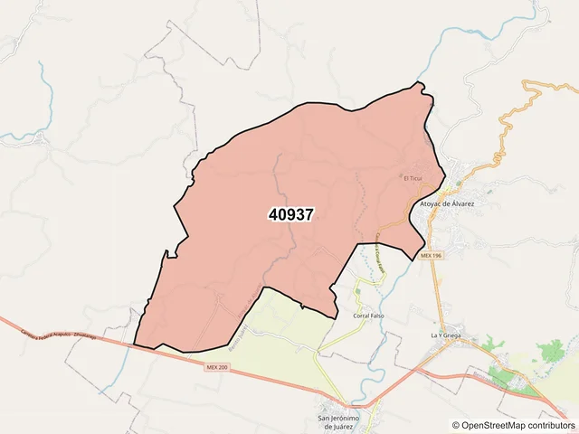 Mapa del código postal 40937, Atoyac de Álvarez, Guerrero