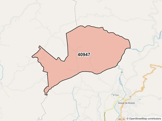 Mapa del código postal 40947, Atoyac de Álvarez, Guerrero