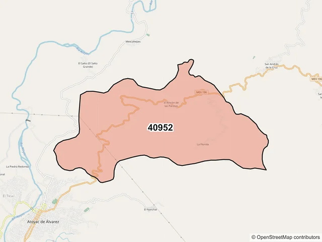 Mapa del código postal 40952, Atoyac de Álvarez, Guerrero