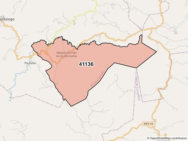 Mapa del código postal 41136, Ahuacuotzingo, Guerrero