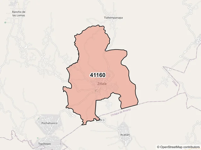 Mapa del código postal 41160, Zitlala, Guerrero