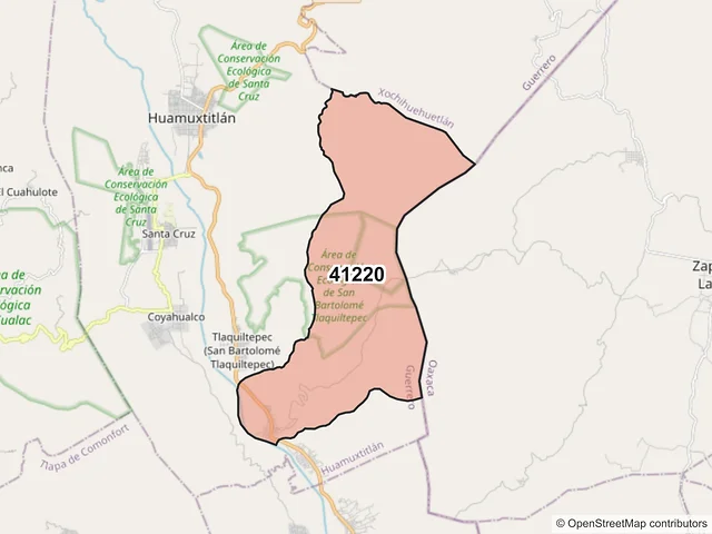 Mapa del código postal 41220, Huamuxtitlán, Guerrero