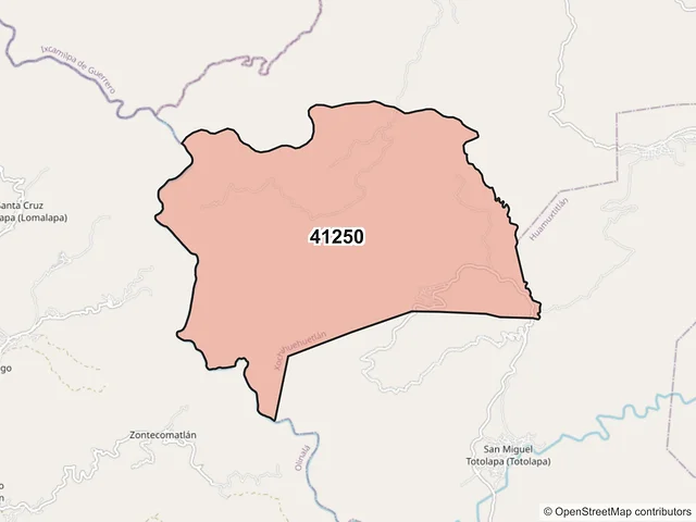 Mapa del código postal 41250, Xochihuehuetlán, Guerrero