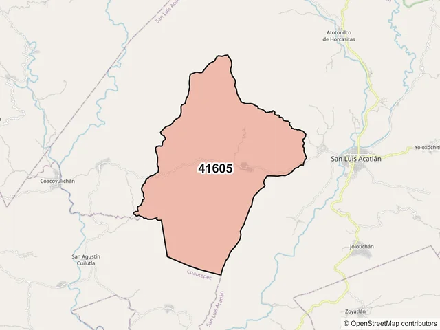 Mapa del código postal 41605, San Luis Acatlán, Guerrero