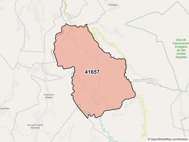 Mapa del código postal 41657, Metlatónoc, Guerrero