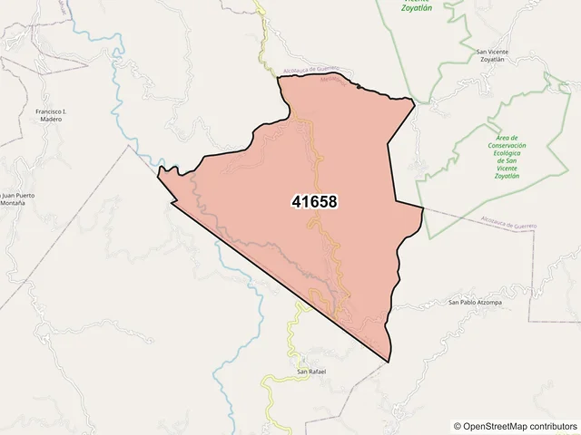 Mapa del código postal 41658, Metlatónoc, Guerrero