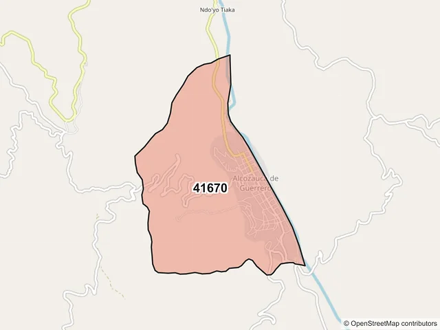 Mapa del código postal 41670, Alcozauca de Guerrero, Guerrero
