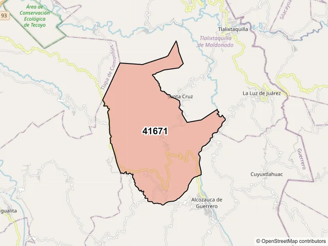 Mapa del código postal 41671, Alcozauca de Guerrero, Guerrero