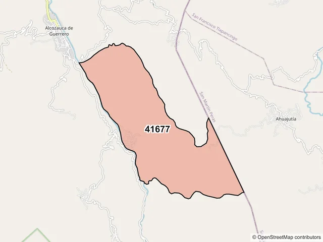 Mapa del código postal 41677, Alcozauca de Guerrero, Guerrero
