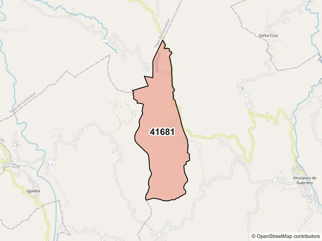 Mapa del código postal 41681, Alcozauca de Guerrero, Guerrero