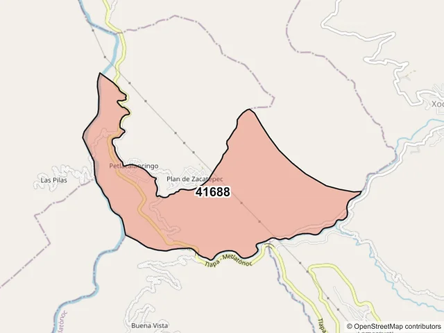 Mapa del código postal 41688, Alcozauca de Guerrero, Guerrero
