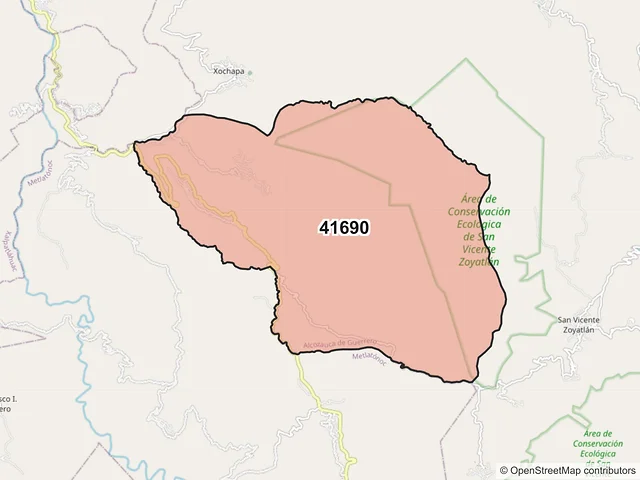 Mapa del código postal 41690, Alcozauca de Guerrero, Guerrero
