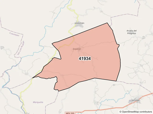 Mapa del código postal 41934, Marquelia, Guerrero