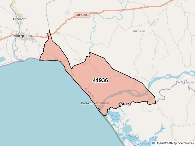 Mapa del código postal 41936, Marquelia, Guerrero