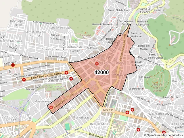 Mapa del código postal 42000, Pachuca de Soto, Hidalgo