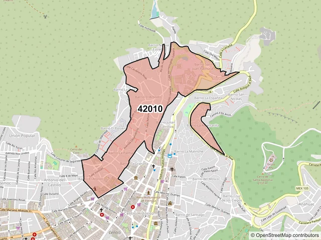 Mapa del código postal 42010, Pachuca de Soto, Hidalgo