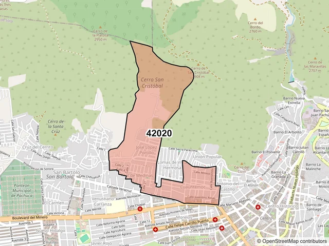 Mapa del código postal 42020, Pachuca de Soto, Hidalgo