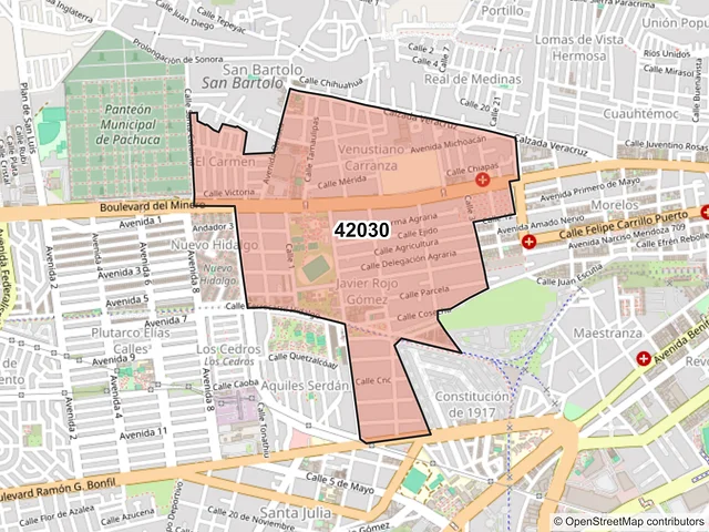 Mapa del código postal 42030, Pachuca de Soto, Hidalgo