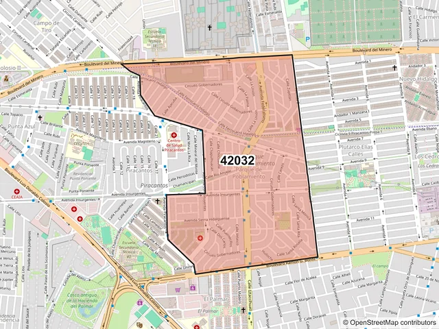 Mapa del código postal 42032, Pachuca de Soto, Hidalgo