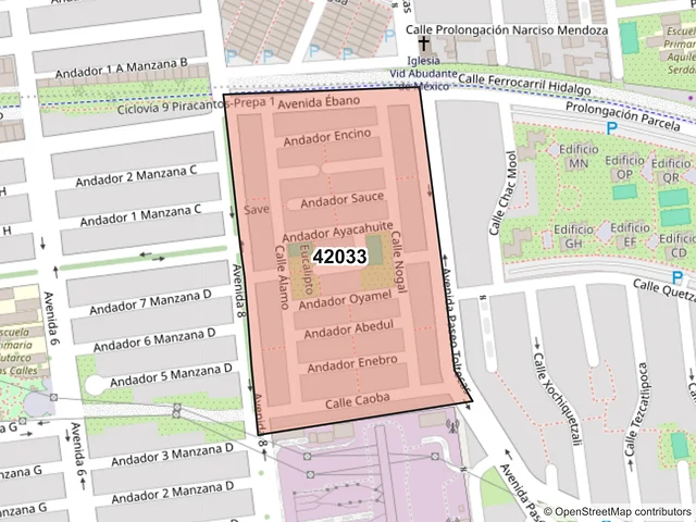 Mapa del código postal 42033, Pachuca de Soto, Hidalgo
