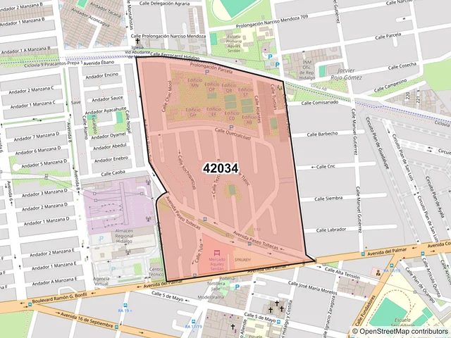 Mapa del código postal 42034, Pachuca de Soto, Hidalgo