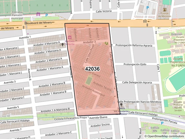 Mapa del código postal 42036, Pachuca de Soto, Hidalgo