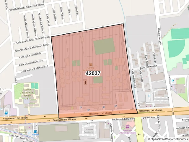 Mapa del código postal 42037, Pachuca de Soto, Hidalgo