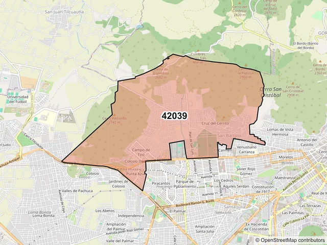 Mapa del código postal 42039, Pachuca de Soto, Hidalgo