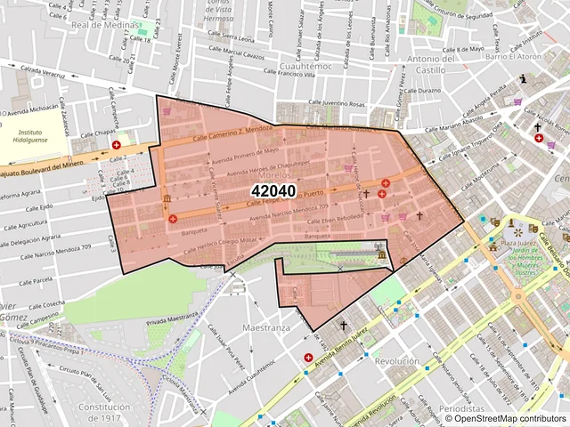 Mapa del código postal 42040, Pachuca de Soto, Hidalgo