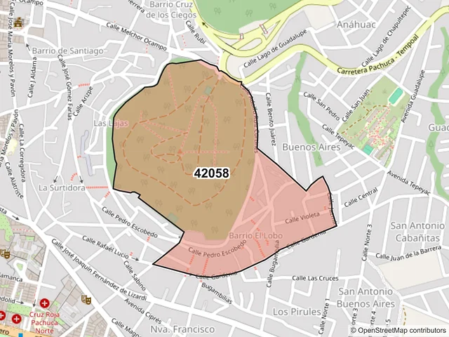 Mapa del código postal 42058, Pachuca de Soto, Hidalgo