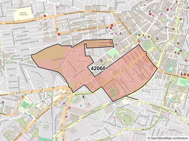 Mapa del código postal 42060, Pachuca de Soto, Hidalgo
