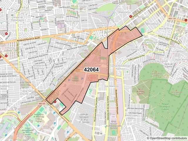 Mapa del código postal 42064, Pachuca de Soto, Hidalgo