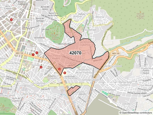 Mapa del código postal 42070, Pachuca de Soto, Hidalgo