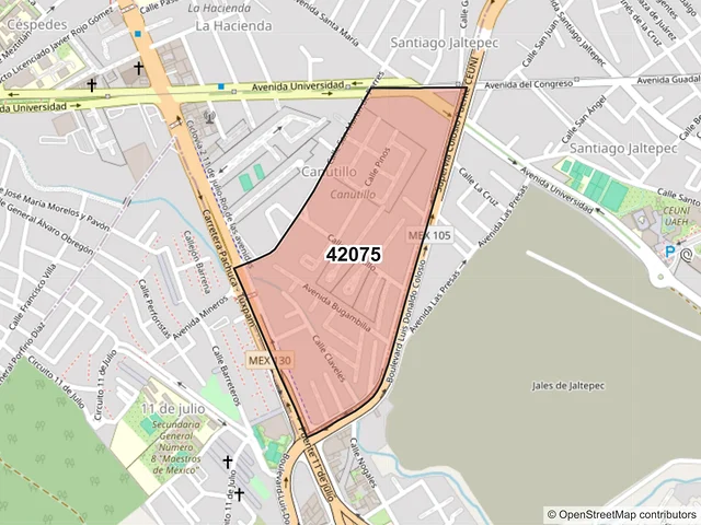Mapa del código postal 42075, Pachuca de Soto, Hidalgo