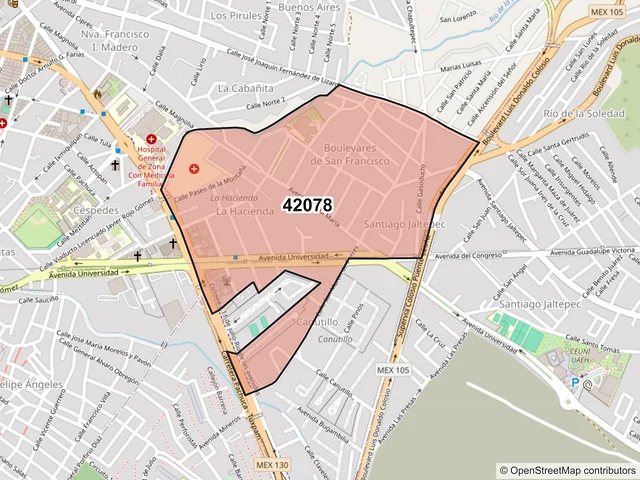 Mapa del código postal 42078, Pachuca de Soto, Hidalgo